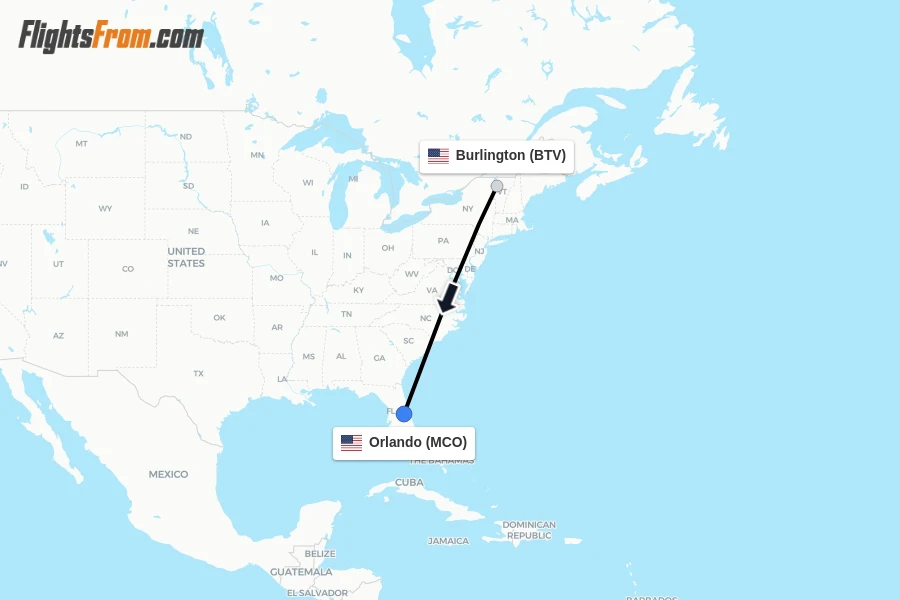 Flights from Burlington to Orlando route map