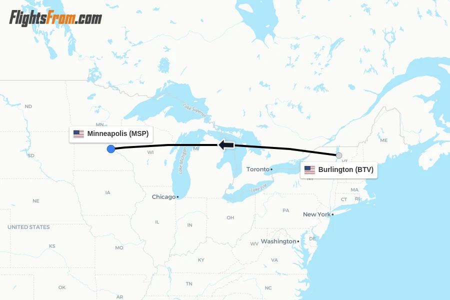 Flights from Burlington to Minneapolis route map