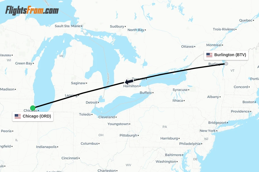 Flights from Burlington to Chicago route map