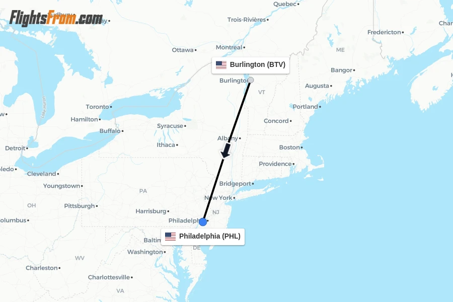 Flights from Burlington to Philadelphia route map