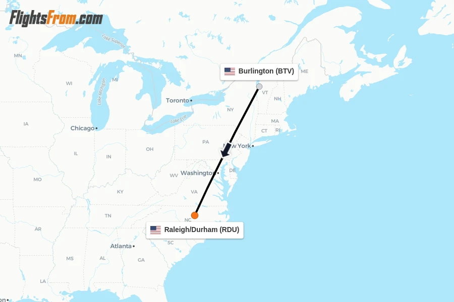 Flights from Burlington to Raleigh/Durham route map