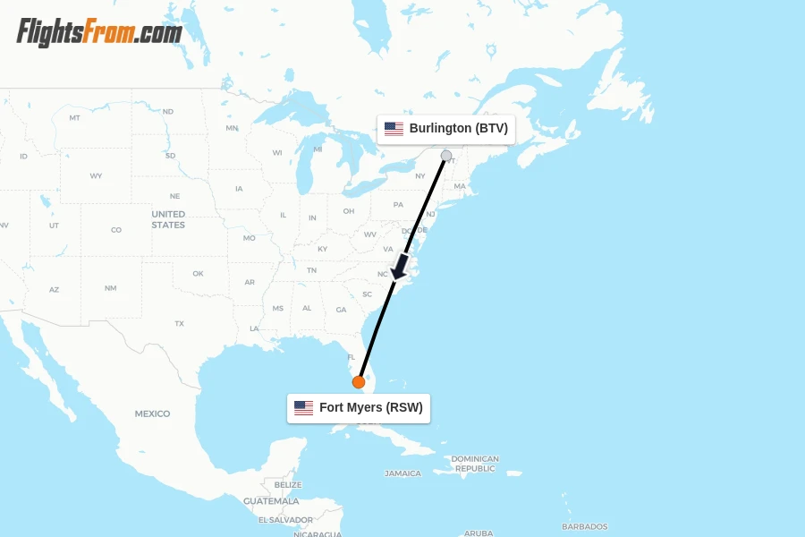Flights from Burlington to Fort Myers route map