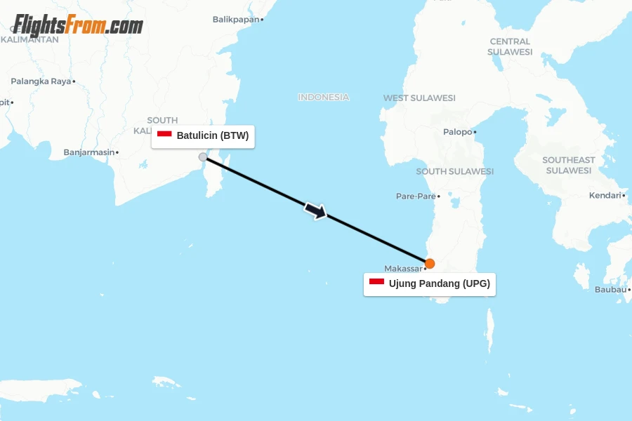 Flights from Batulicin to Ujung Pandang route map