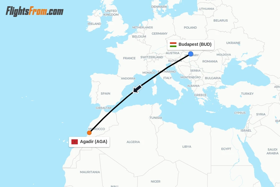 Flights from Budapest to Agadir route map