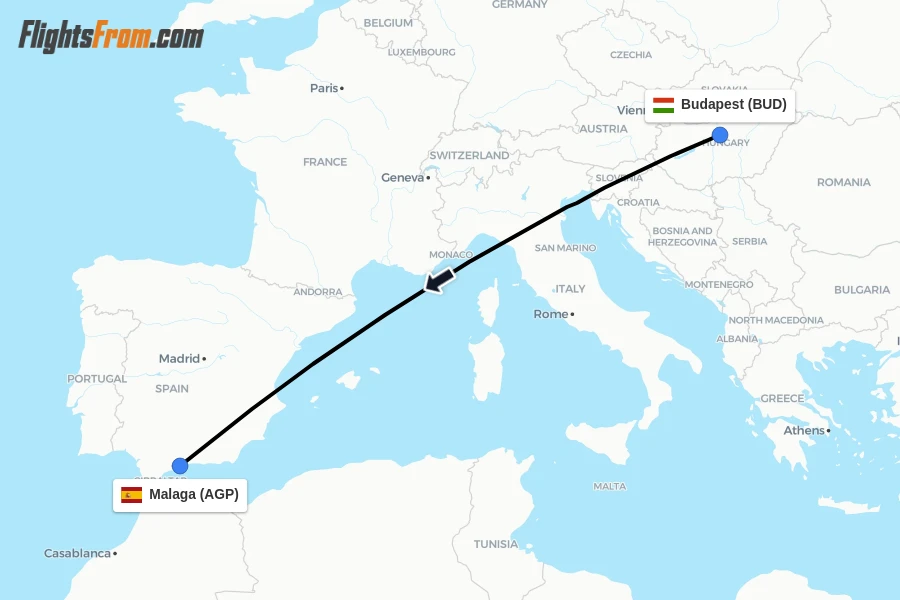 Flights from Budapest to Malaga route map