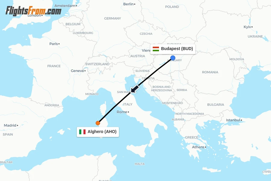 Flights from Budapest to Alghero route map