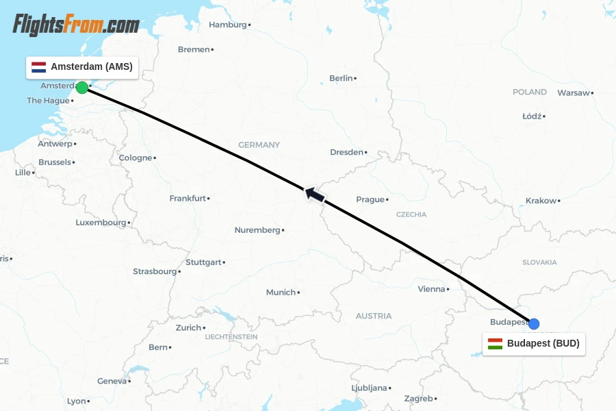 Flights from Budapest to Amsterdam route map