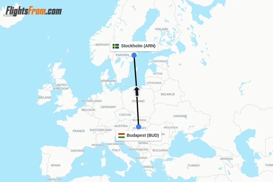 Flights from Budapest to Stockholm route map