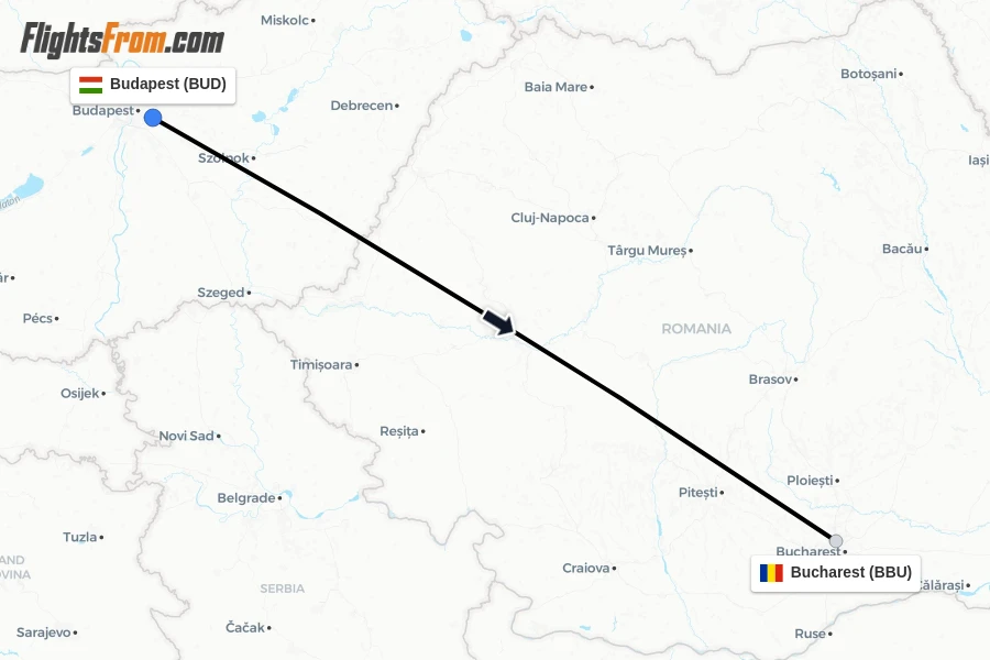 Flights from Budapest to Bucharest route map
