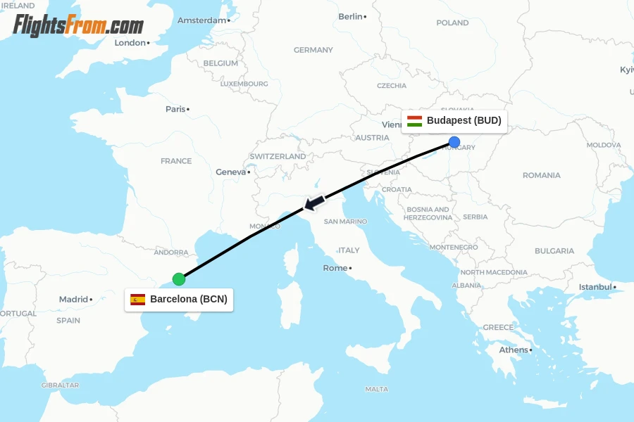 Flights from Budapest to Barcelona route map