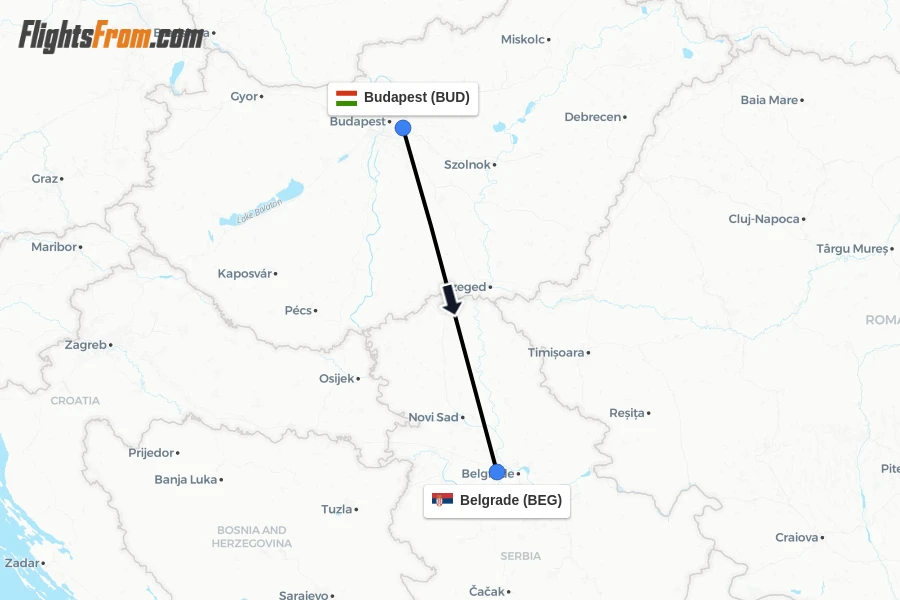 Flights from Budapest to Belgrade route map