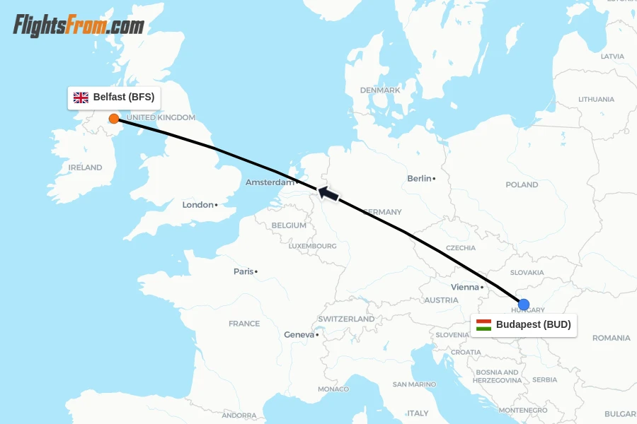 Flights from Budapest to Belfast route map