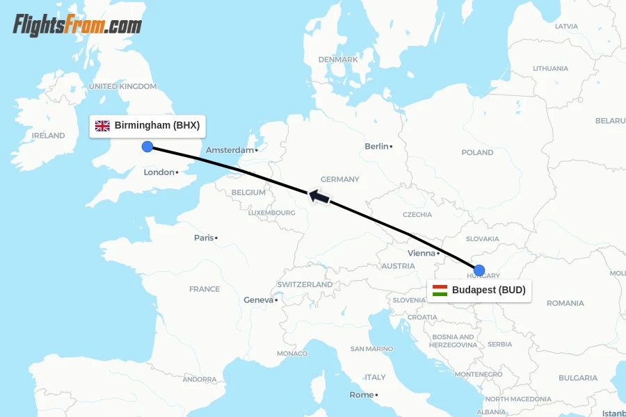 Flights from Budapest to Birmingham route map