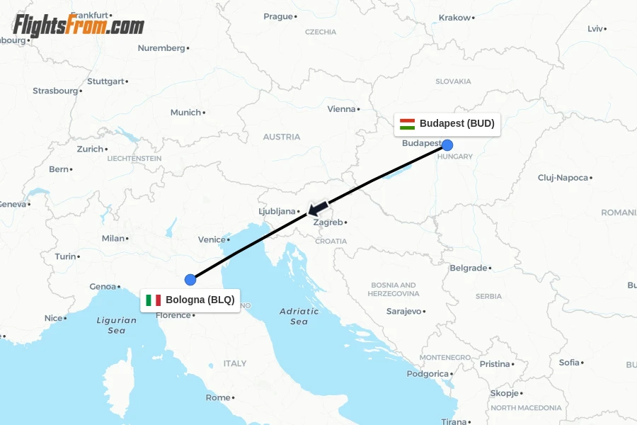 Flights from Budapest to Bologna route map