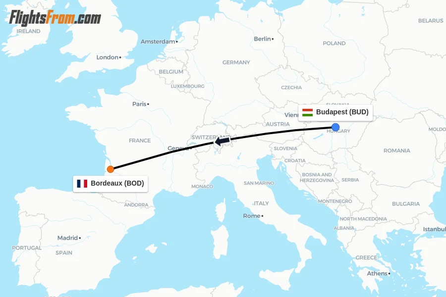 Flights from Budapest to Bordeaux route map