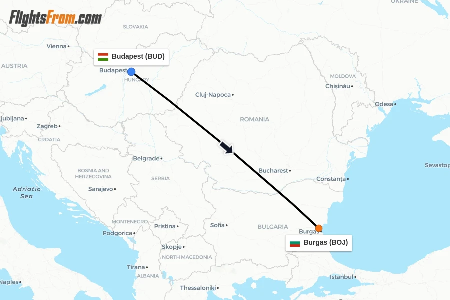 Flights from Budapest to Burgas route map