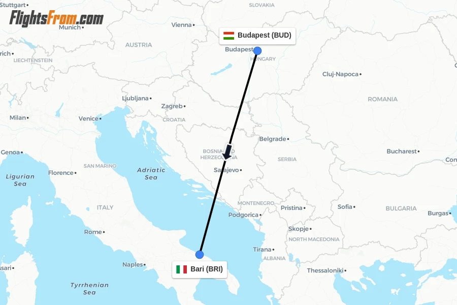 Flights from Budapest to Bari route map