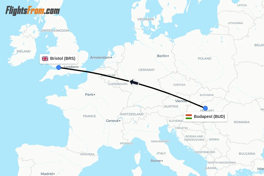 Flights from Budapest to Bristol route map