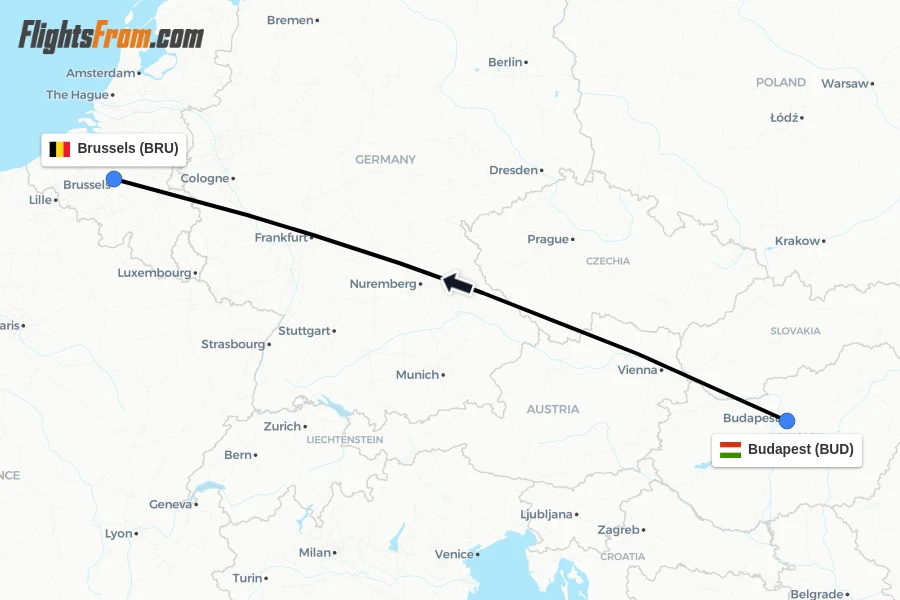 Flights from Budapest to Brussels route map