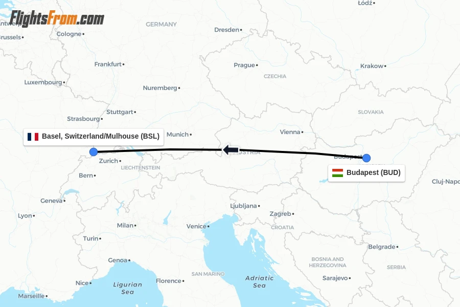 Flights from Budapest to Basel, Switzerland/Mulhouse route map