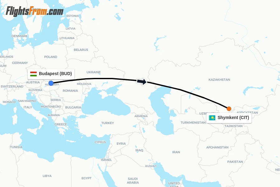 Flights from Budapest to Shymkent route map