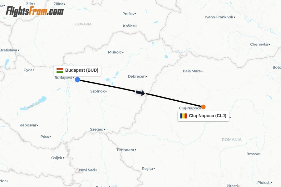Flights from Budapest to Cluj-Napoca route map