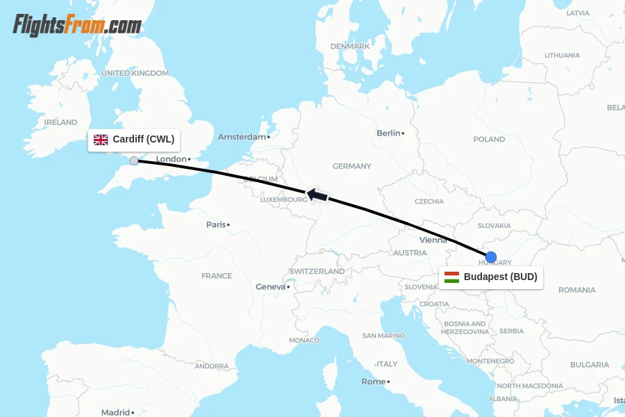 Flights from Budapest to Cardiff route map
