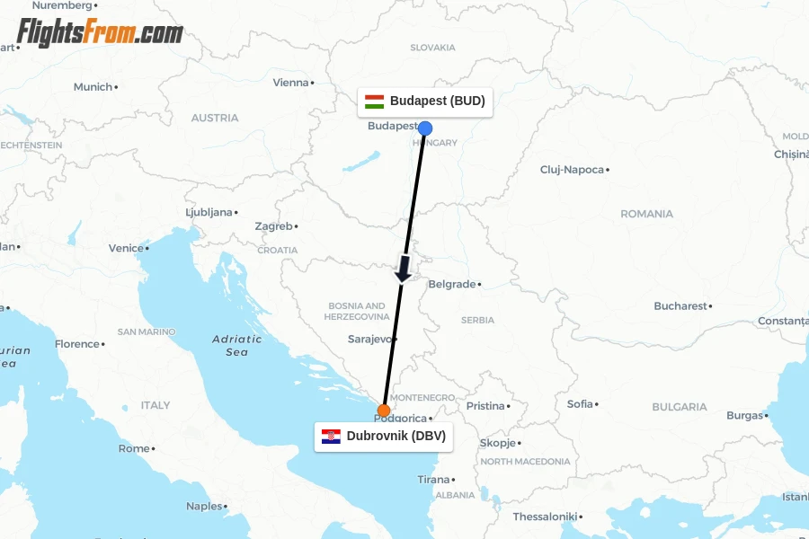 Flights from Budapest to Dubrovnik route map