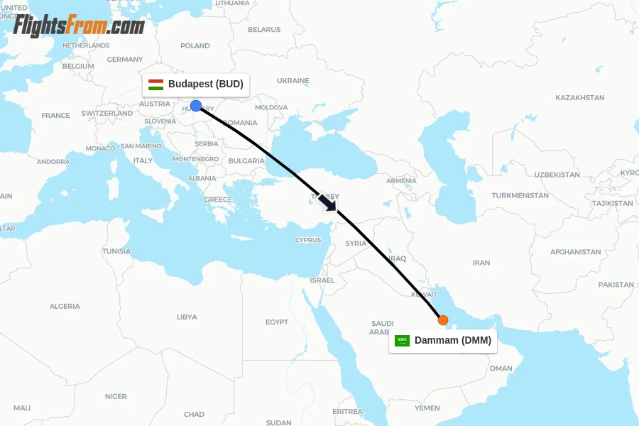 Flights from Budapest to Dammam route map