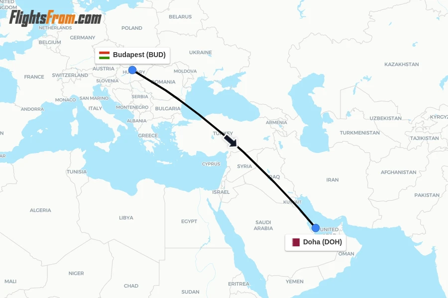 Flights from Budapest to Doha route map