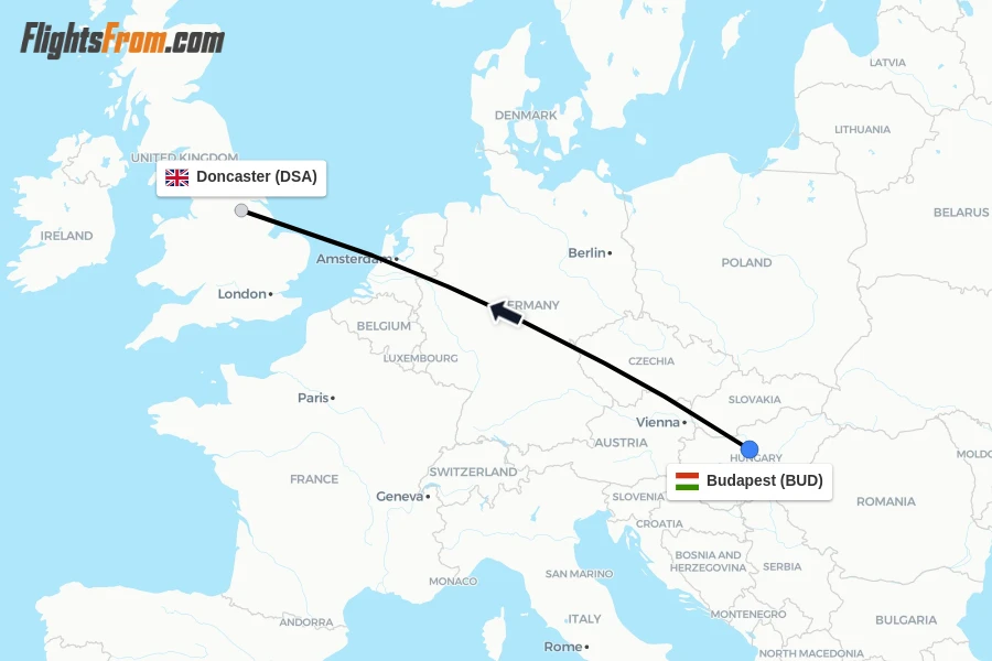 Flights from Budapest to Doncaster route map