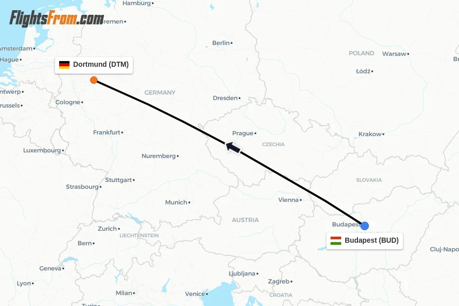 Flights from Budapest to Dortmund route map