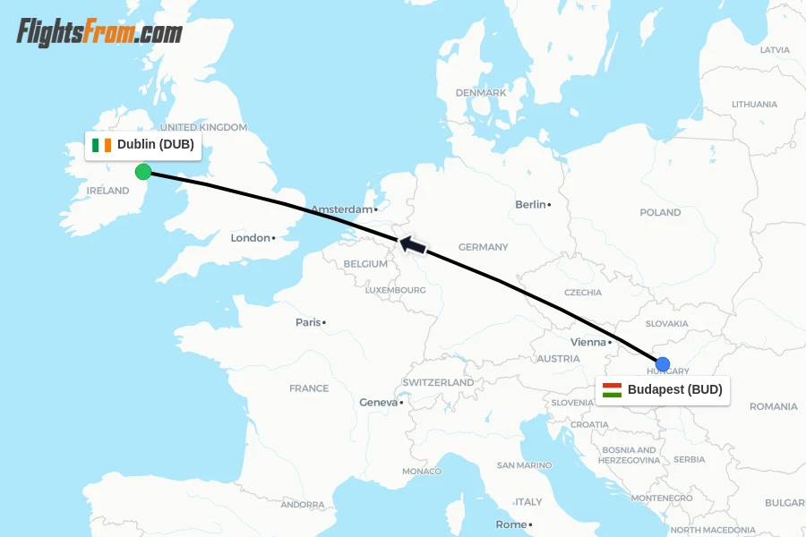 Flights from Budapest to Dublin route map