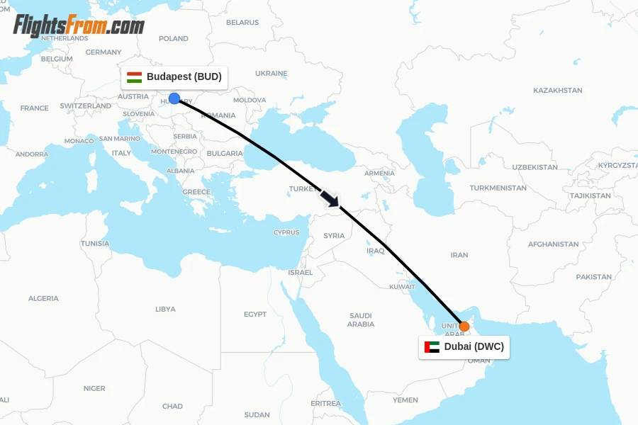 Flights from Budapest to Dubai route map