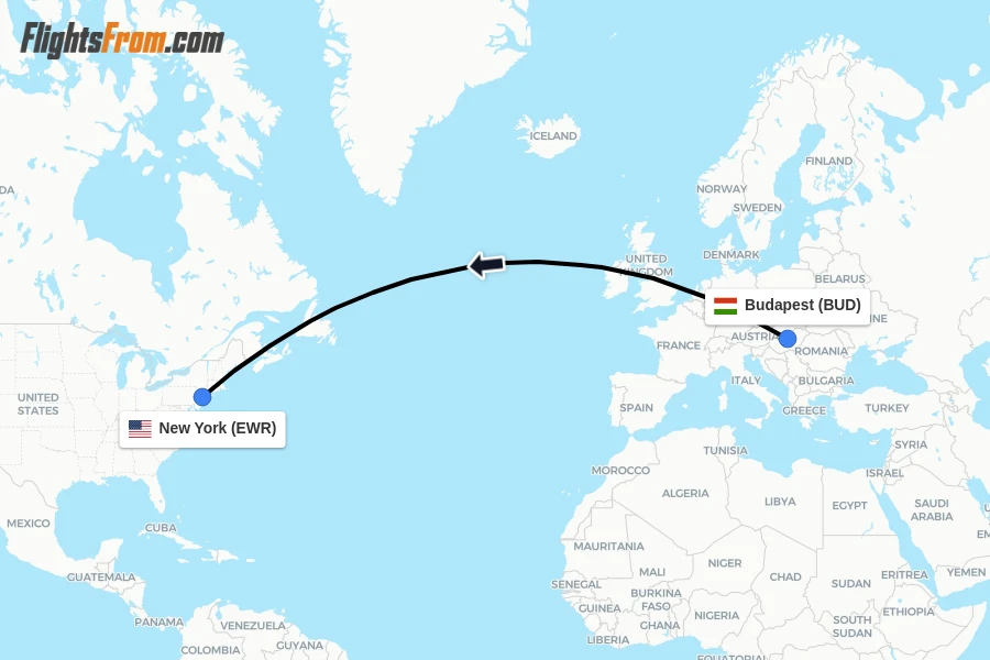 Flights from Budapest to New York route map