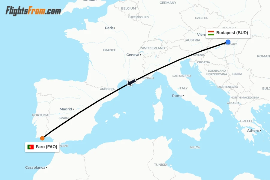 Flights from Budapest to Faro route map