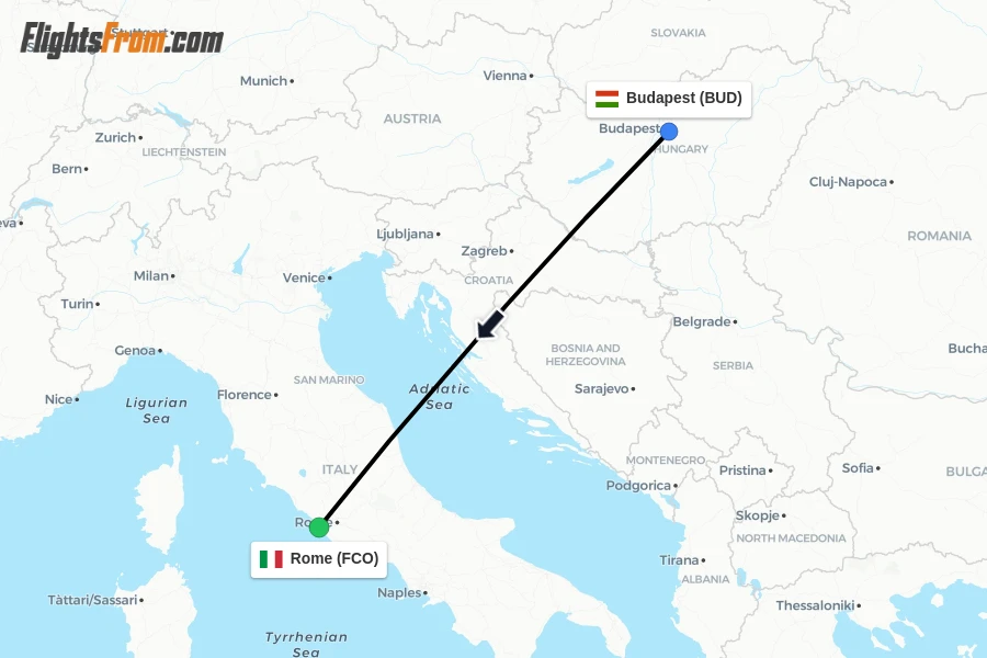 Flights from Budapest to Rome route map