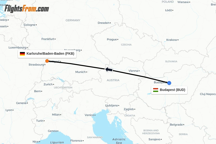 Flights from Budapest to Karlsruhe/Baden-Baden route map