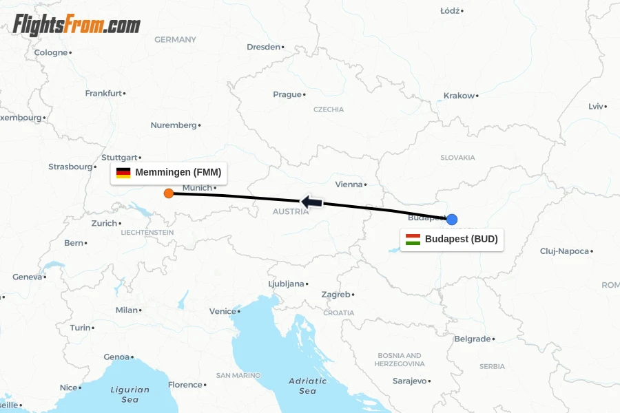 Flights from Budapest to Memmingen route map