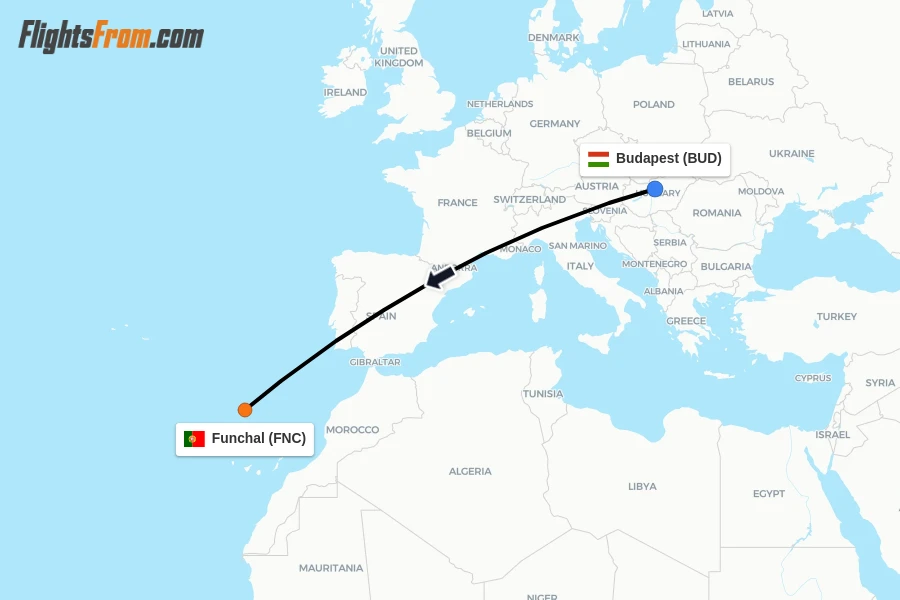 Flights from Budapest to Funchal route map