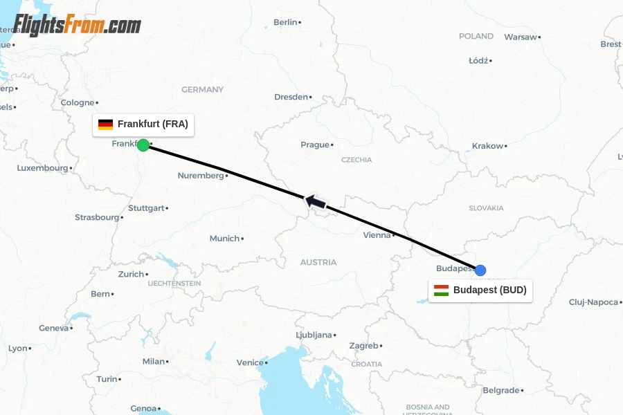 Flights from Budapest to Frankfurt route map