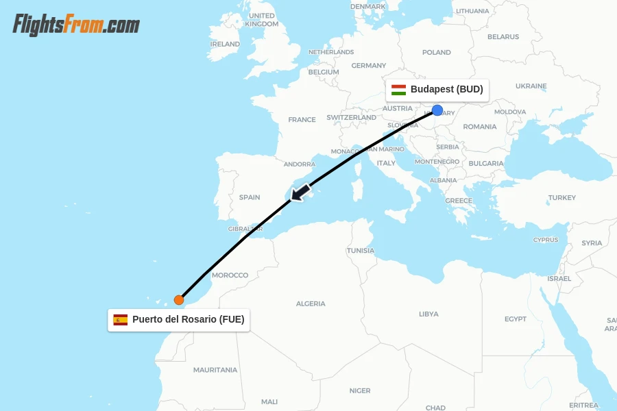 Flights from Budapest to Puerto del Rosario route map