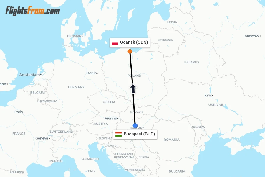 Flights from Budapest to Gdansk route map