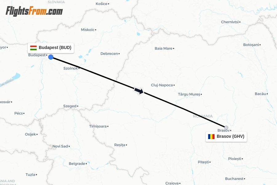 Flights from Budapest to Brasov route map