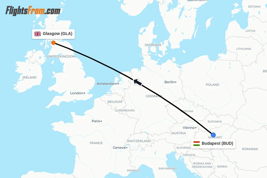 Flights from Budapest to Glasgow route map