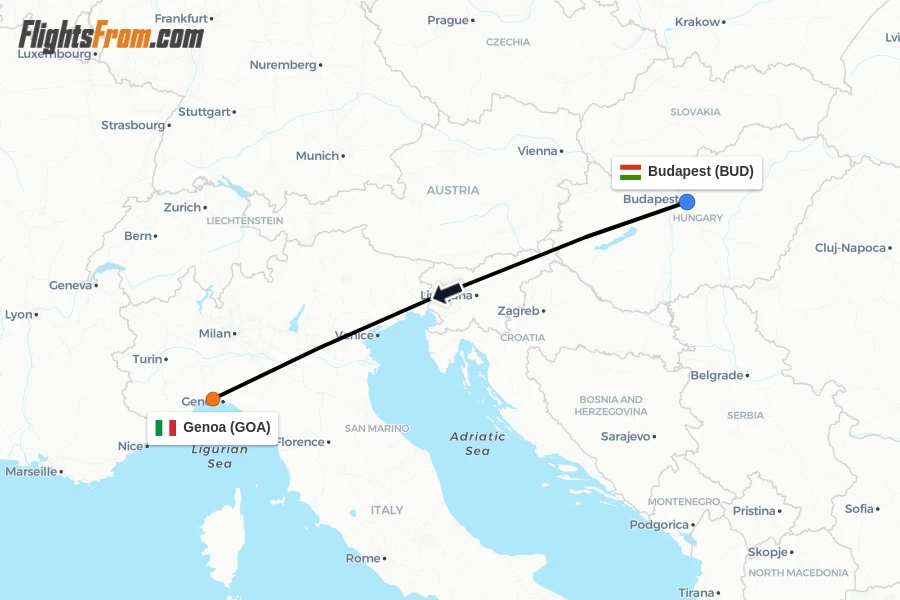 Flights from Budapest to Genoa route map