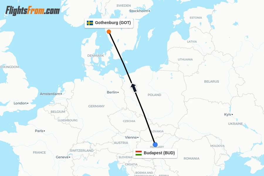 Flights from Budapest to Gothenburg route map