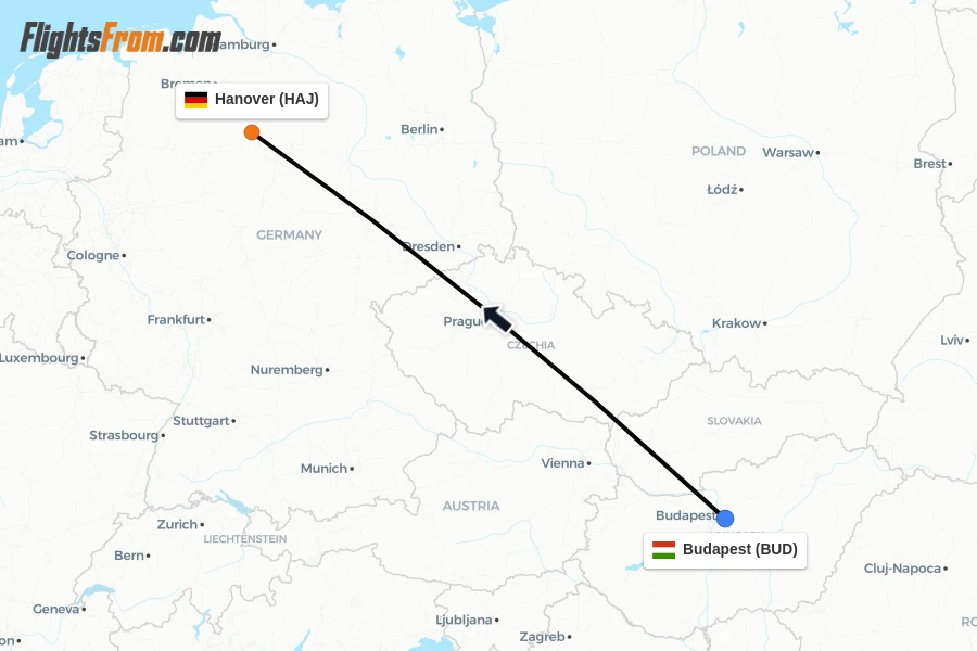 Flights from Budapest to Hanover route map