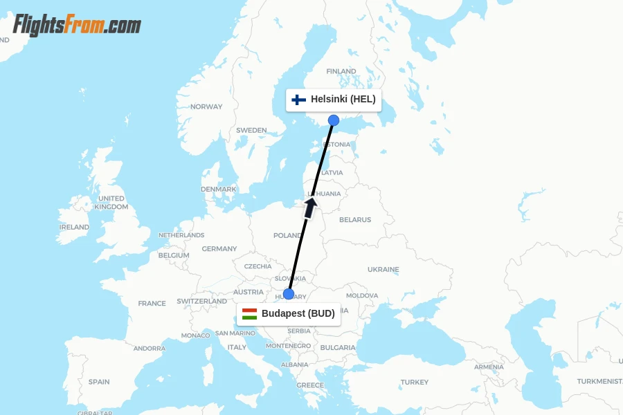 Flights from Budapest to Helsinki route map