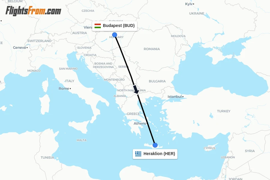 Flights from Budapest to Heraklion route map